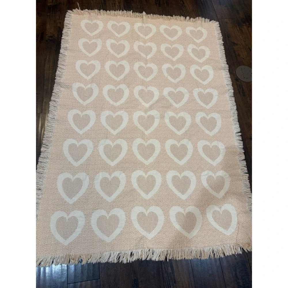 Vintage Tapestry Throw Blanket Pink White Hearts Country Chic Cottagecore